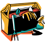 Image is a drawing of a gardener's toolkit, which includes gloves, a trowel, and spray bottle, and more.